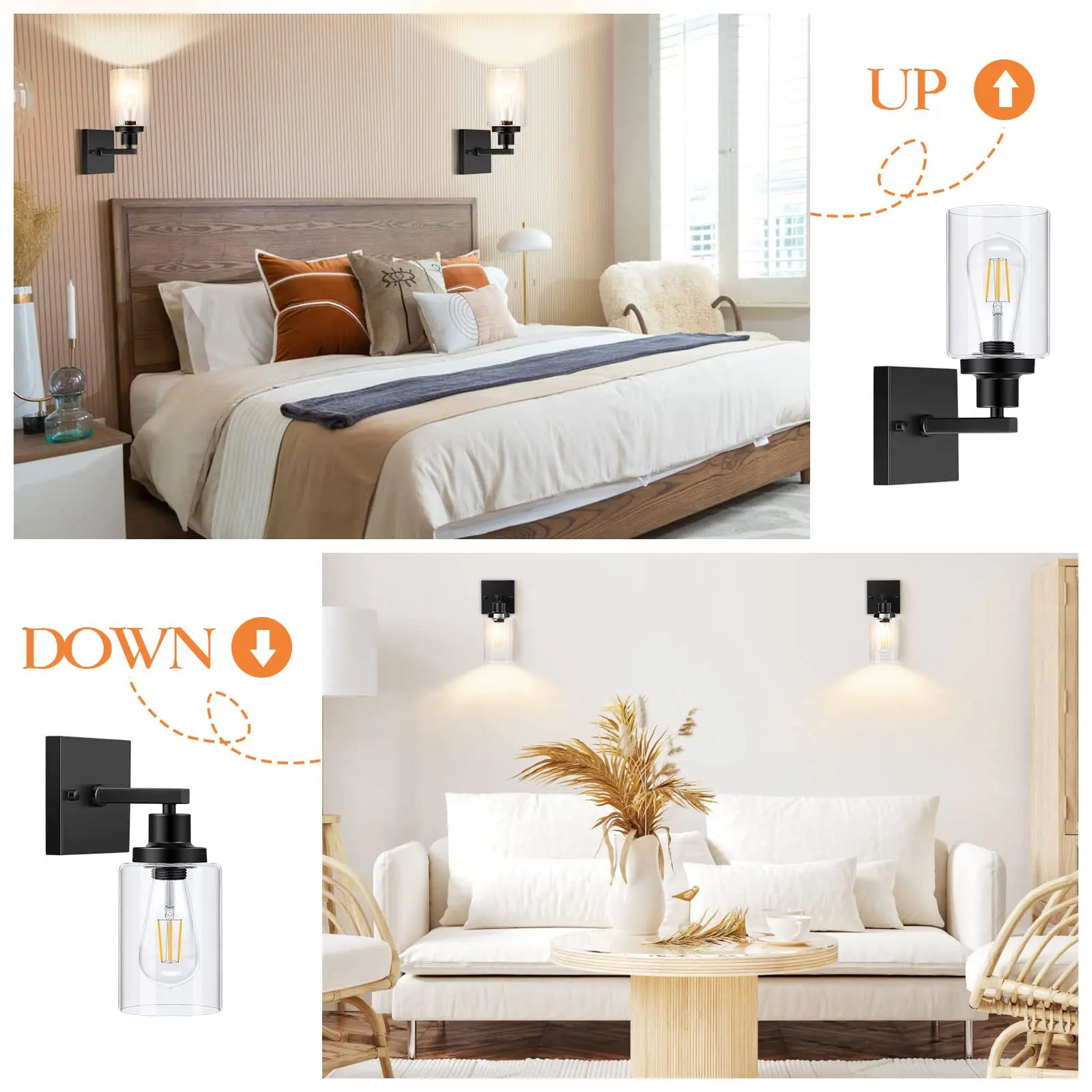 Banheiro Vanity Light Wall Sconces Conjunto de duas luminárias, Iluminação de parede de metal com sombra de vidro transparente para espelho da sala