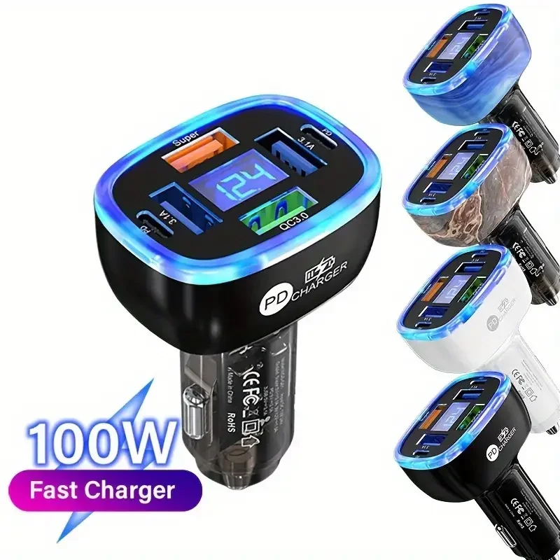 New Digital Display Car Charger With 4usb 2PD Fast Charging Charging Car Adapter for Huawei Android Phones with Volt Meter