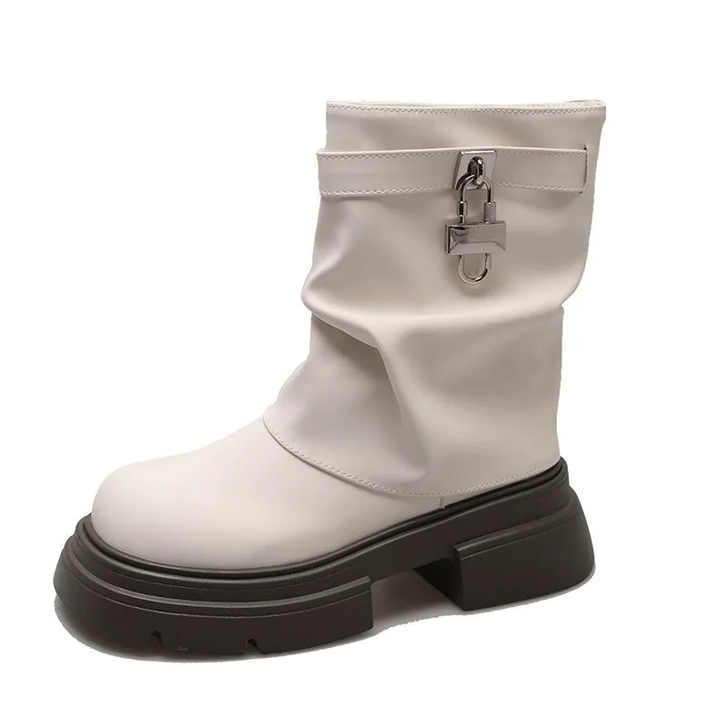 Heel Boots Shoes  Round Toe Luxury Designer Boots-Women Elegant Lolita Autumn Rock Ladies Fashion Ankle 2025 Solid Slip