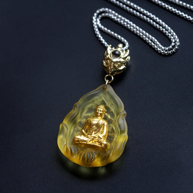 Chinese Style Lucky Blue Glaze Medicine Buddha Pendant Necklace Lotus Amulet For Blessing Peace Good Fortune Wealth Unisex Spiri