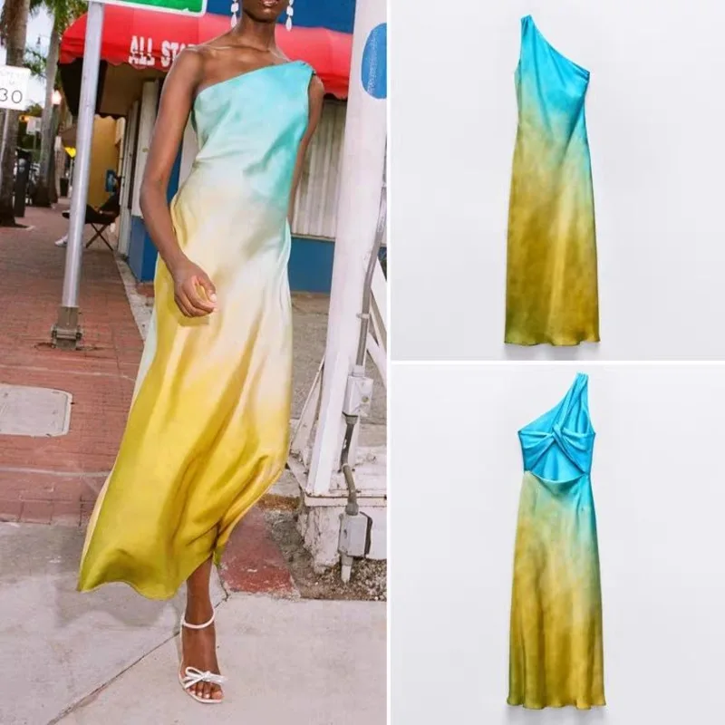 

Elegant Satin Texture Asymmetric Collar Tie Dye Dress Fashion One Shoulder Sleeveless Gradient Maxi Dress Summer Lady Party Robe