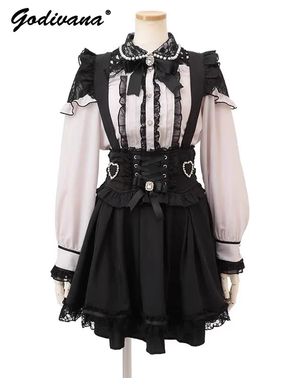 Japanese Liz Mine-Style Lace-up Rhinestone Love Buckle Suspender Skirt New Spring Summer Girl Ladies Sweet Straps Skirt