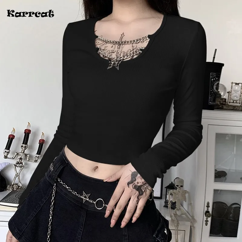 Karrcat Streetwear Punk T-shirt Women Long Sleeve Butterfly Necklace Slim Top Tees Autumn Gothic Bottom T-shirt Black White Emo