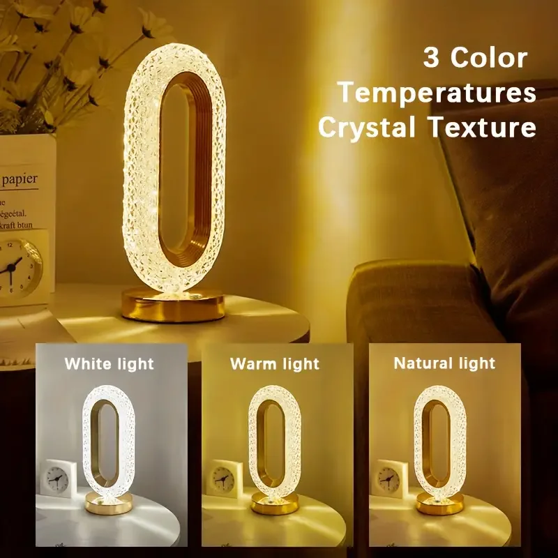 1pc Modern Portable Crystal LED Table Lamp 3-Level Brightness Touch Control Rechargeable Desk Lamp 3 Color Settings Night Light