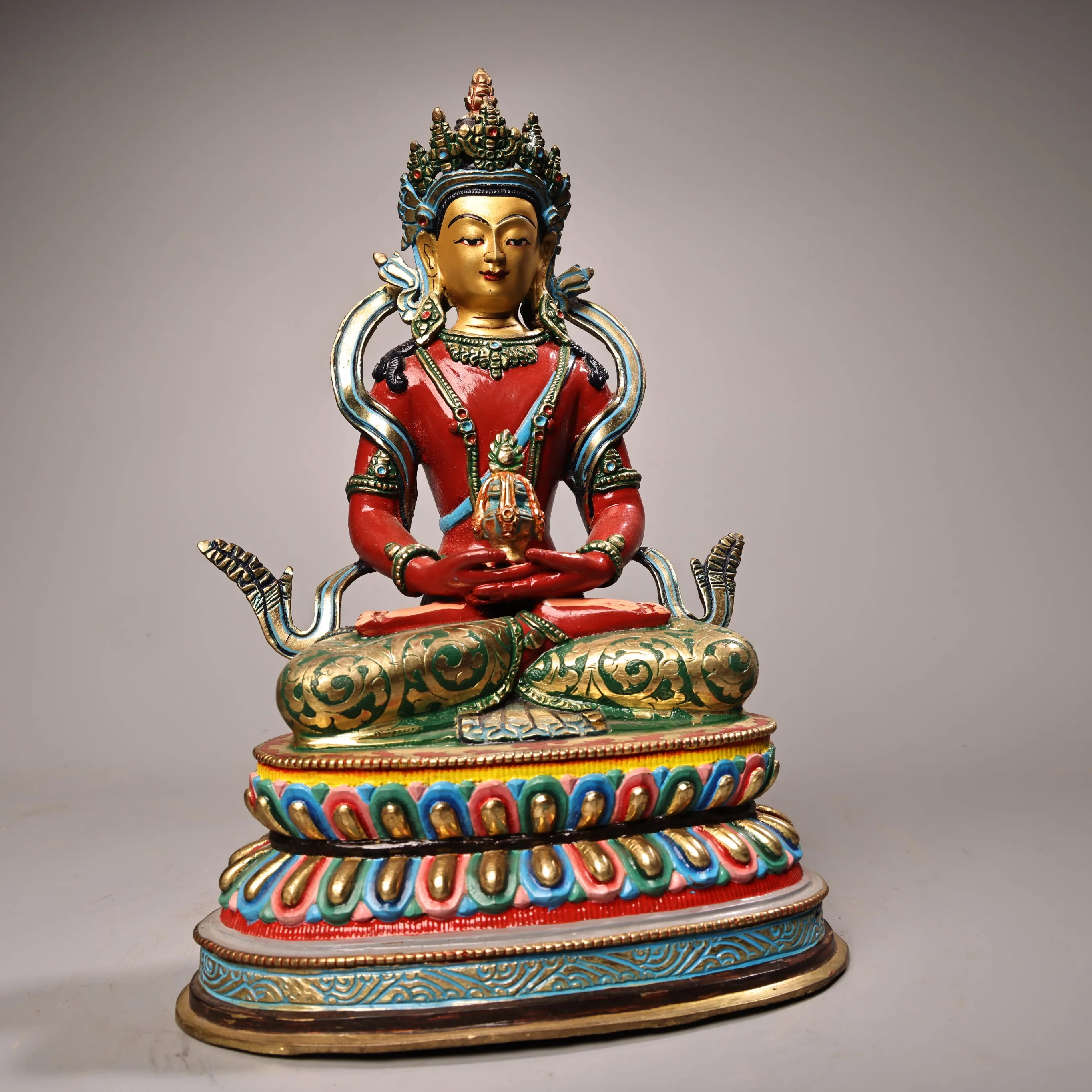 

10"Xizang Folk Old Purple Bronze Gilded Painted Face High Relief Amitayus Buddha Amitabha Longevity Station Buddha Worship Hall