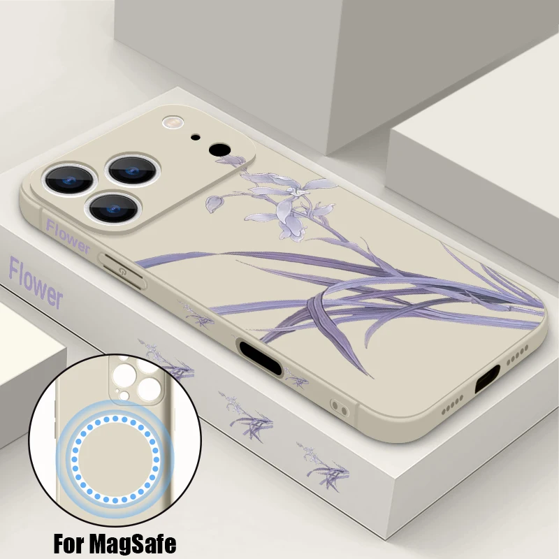 Lila Blumenmuster Handyhülle für iPhone 17 Pro Max 16E Air 16 15 14 13 12 Pro Max 11 magnetisch für Magsafe Soft TPU Cover