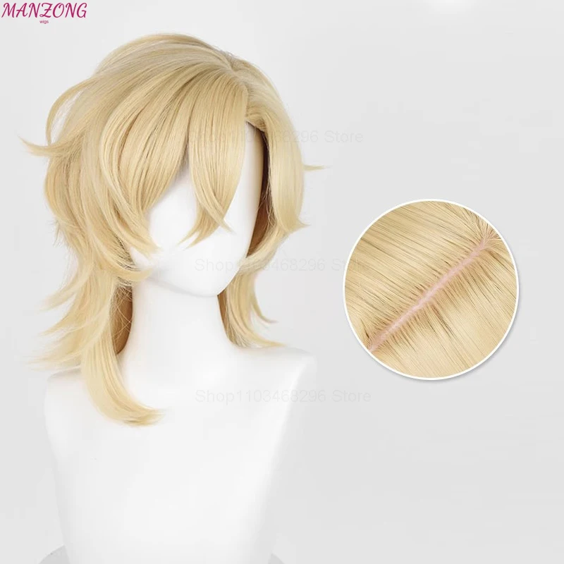 HSR Aventurine Wig Cosplay 40cm, Wig sintetis tahan panas rambut emas terang + topi Wig