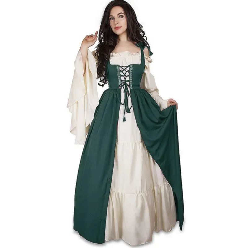 Robe de Sorcière Médiévale à Manches Volantes pour Femme, Costume Cosplay, Halloween, Carnaval, Vêtements de Performance