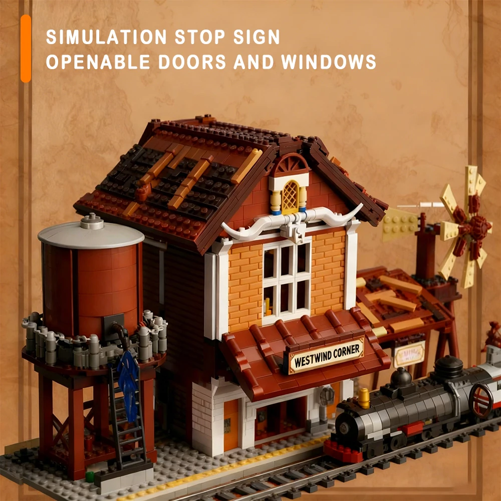 Western Train Station Street View Model Building Blocks City Module Railway Assembly Sets Bricks Toys Christmas Gifts For Kids