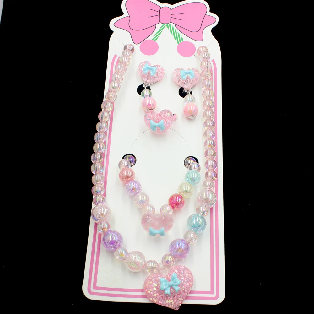 5pcs/set Cute love handmade beaded necklace, bracelet, ring, earrings heart-shaped jewelry set gift perfect for little princess