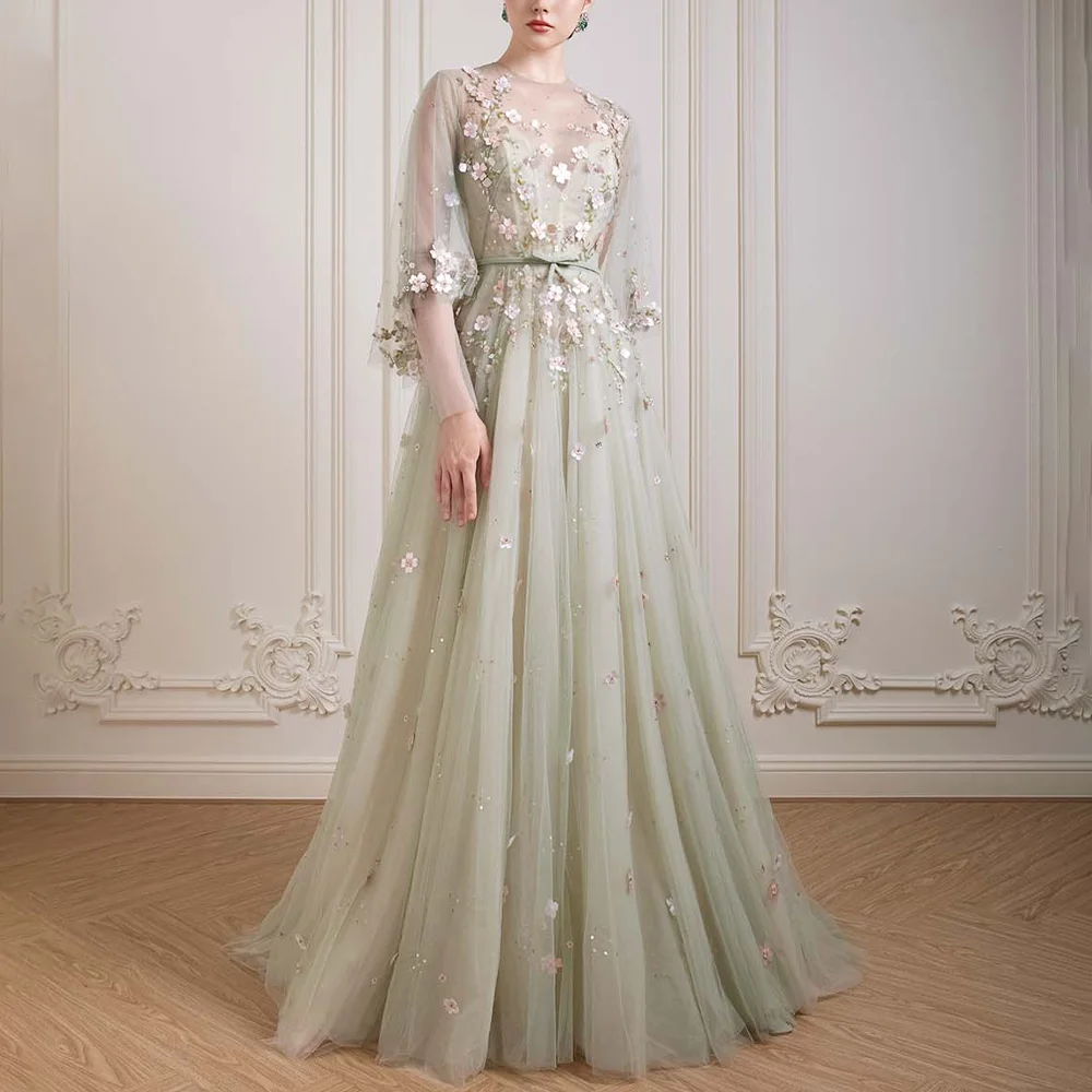 

Customized Simple Evening Dress Elegant Flowers Appliques Full Sleeves Party Dress A-line Floor Length Prom Gown For Women
