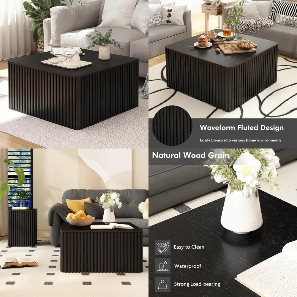 

Большой квадратный рифленый журнальный столик с местом для хранения вещей, столешница из массива дерева, современный стиль середины века.