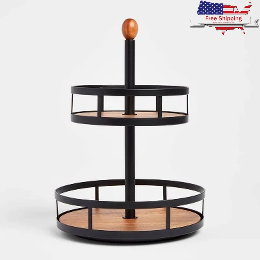 

Wooden 2-Tier Revolving Spice Rack Black Metal Organizer Freestanding Seasoning Holder Kitchen Storage Solution with Easy Access