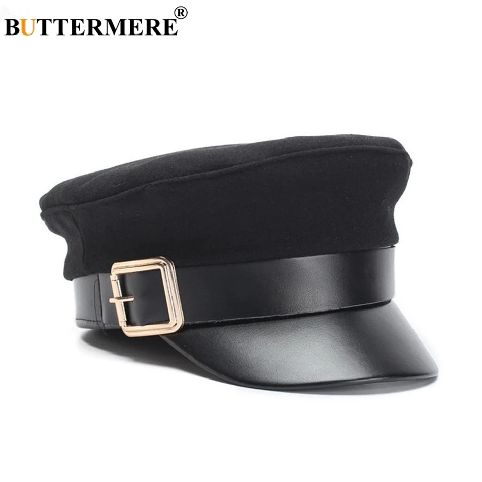 BUTTERMERE Military Hat Women Army Cap Woolen Patchwork Leather Black Baker Boy Hat Spring Autumn Brand Sailor Flat Top Hat