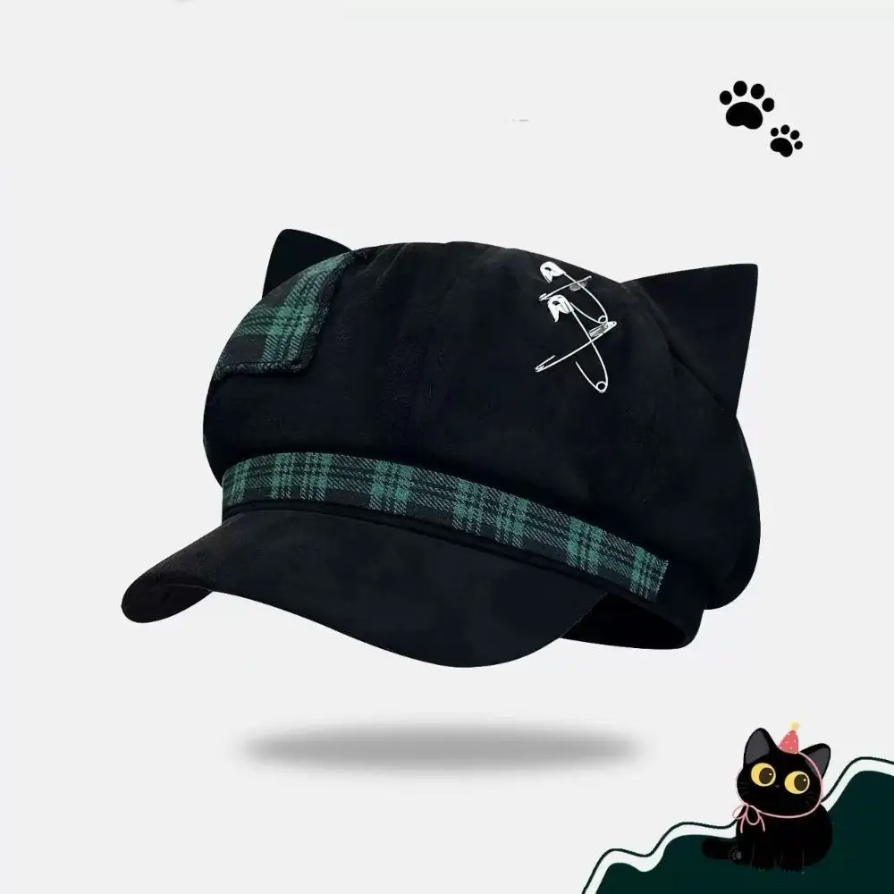 Vintage Thin Brim Cat Ears Beret Hat Y2K Irregular Plaid Octagonal Hat Cross Lollita Painter Artist Cap Photography Prop