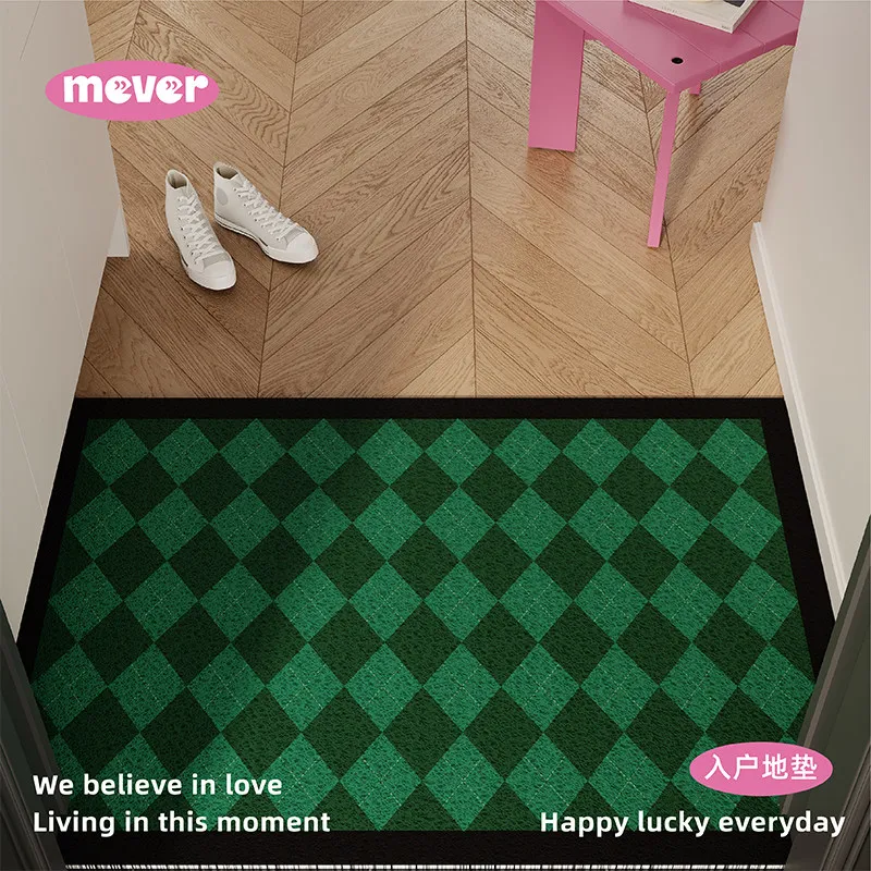 Vintage Green Rhombus Plaid PVC Silk Loop Doormat Anti Slip Dirt Trapper Easy Clean Entry Floor Mat for Front Door Home Decor
