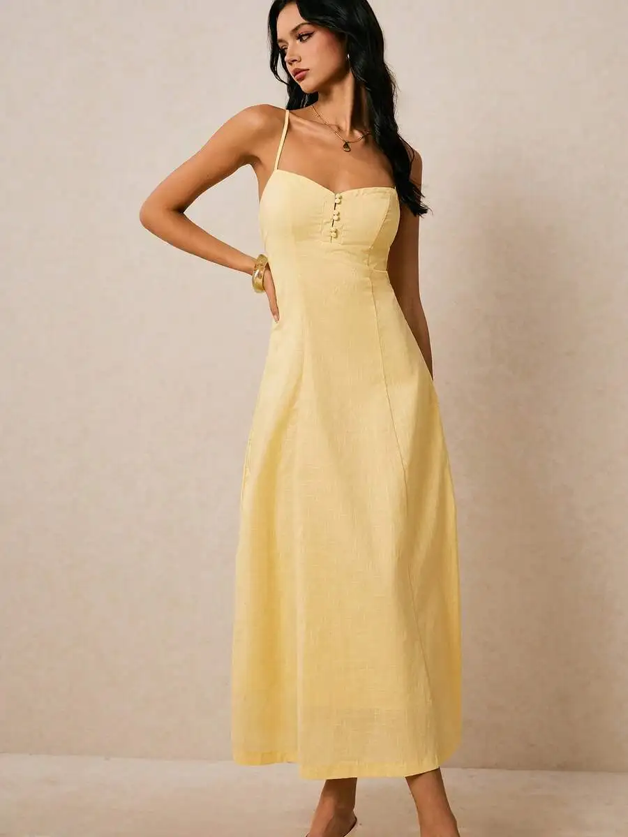 

Women's Solid Yellow Sleeveless Button-Front Midi Dress, Summer Elegant Style