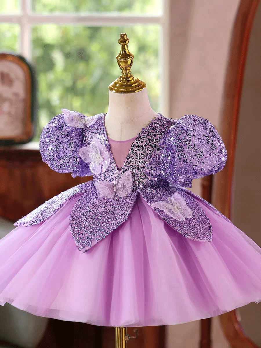 Jill Wish J881Luxury Purple Sequin Girls Dress Puff Sleeve Bowknot Butterfly Tulle Princess Kids Birthday Party Gown