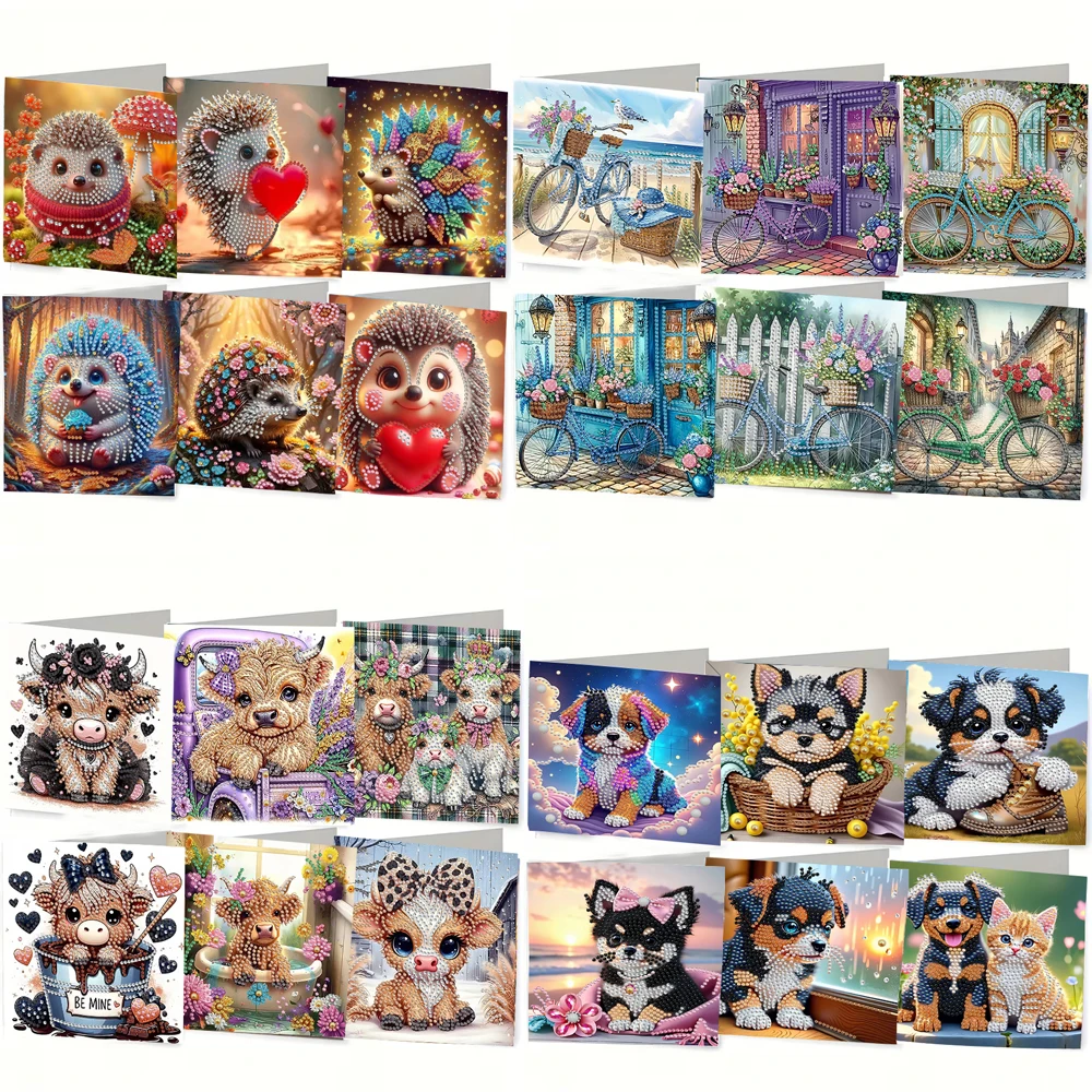 6-Piece/Set DIY Diamond Painting Birthday Card Set, Featuring Unique Flower, Bird, and Pattern Designs, Rhinestone Diamond Paint