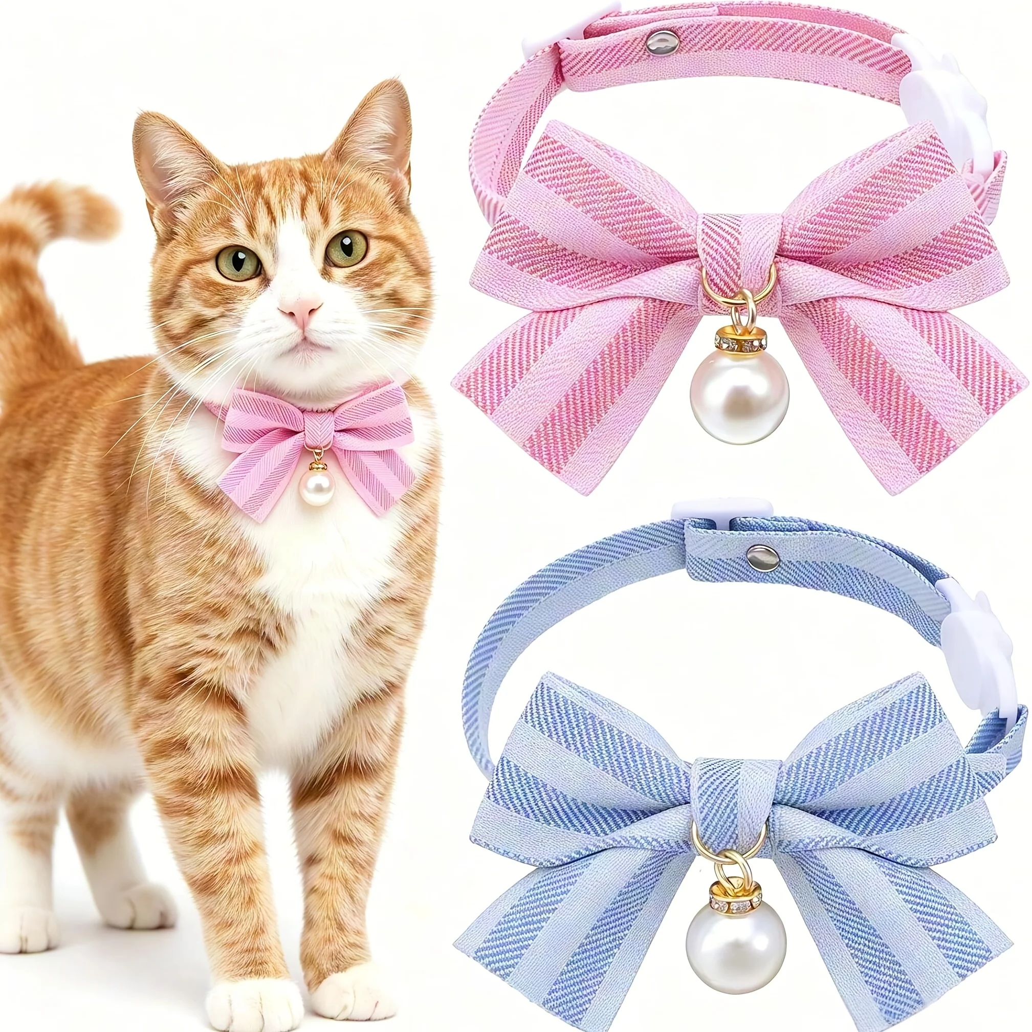 1 Stück Abreißbares Katzenhalsband mit Schleife, Perlenverzierung, Rosa-Blaues Schleifenhalsband für Katzen und kleine Hunde, Sicherheits-Halsaccessoire für Haustiere – Detail 2