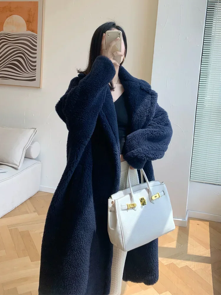 

New Navy Blue Teddy Bear Alpaca Fur Coat Women Loose Fashion Long Sleeve Real Fur Thick Wool Coats Silhouette Long Autumn Winter