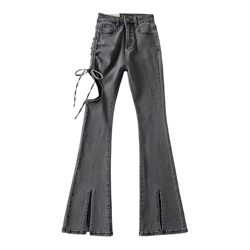 C5529 New Summer Slacks Sexy Thigh-ripped Lace-up Women\'s Jeans Lady Flared Trousers Denim Pants