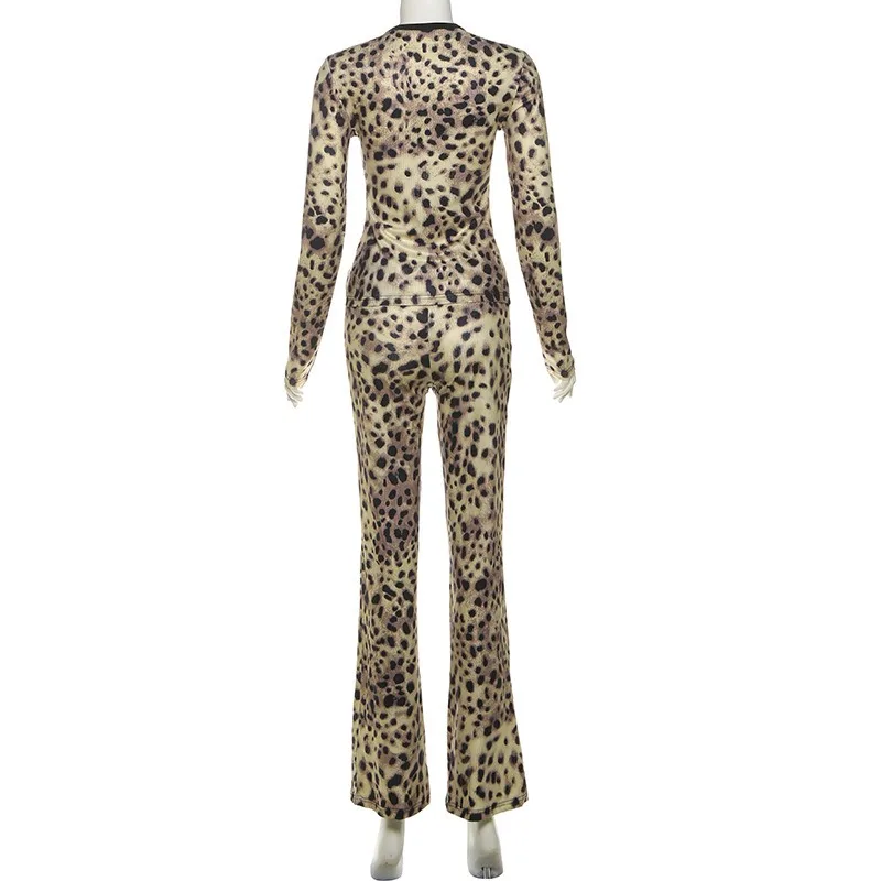 2025 Autumn Leopard Print Ribbed 2 Piece Set Women Fashion Long Sleeve Single Breasted Cardigans Tops + Flare Pants Casual Suits