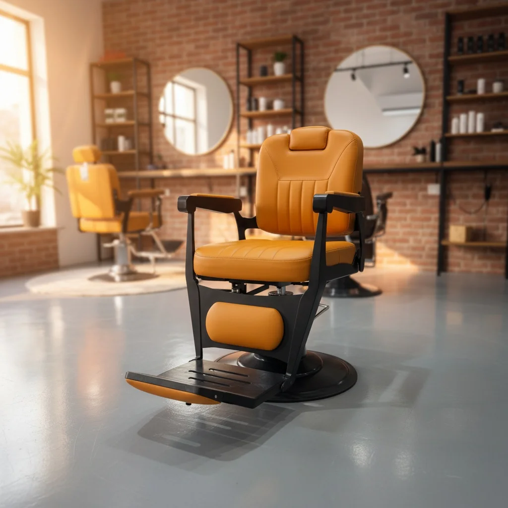 Bright Orange Barber Chair with High-end Black Stainless Steel Base and Fashionable Combination