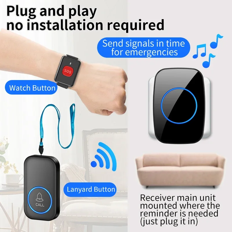 CACAZI SOS Caregiver Pager Nurse Call System for Hospital Alert Siren System 60 Ringtones Waterproof Seniors Disabled Elderly