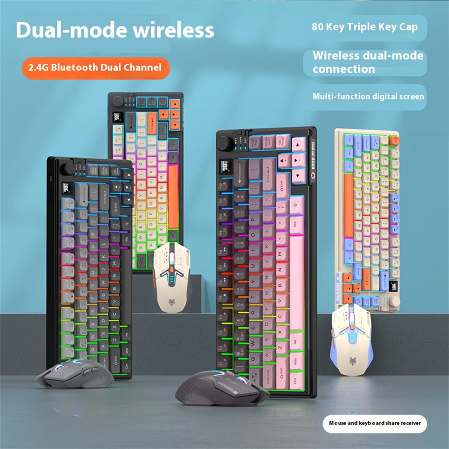 

K920 Wireless Keyboard Mouse Combo, Bluetooth + 2.4G, Mechanical Feel, LED Screen, 80 - Key Tri - Color