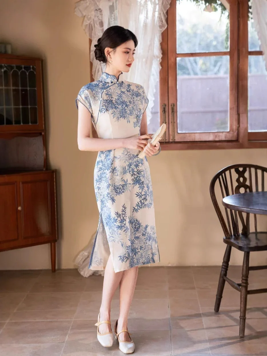 تحسين الفتيات الصغيرات الراقية الأخضر الجاكار شيونغسام الساتان الراقية لطيف النمط الصيني تشيباو مساء اللباس للنساء #4