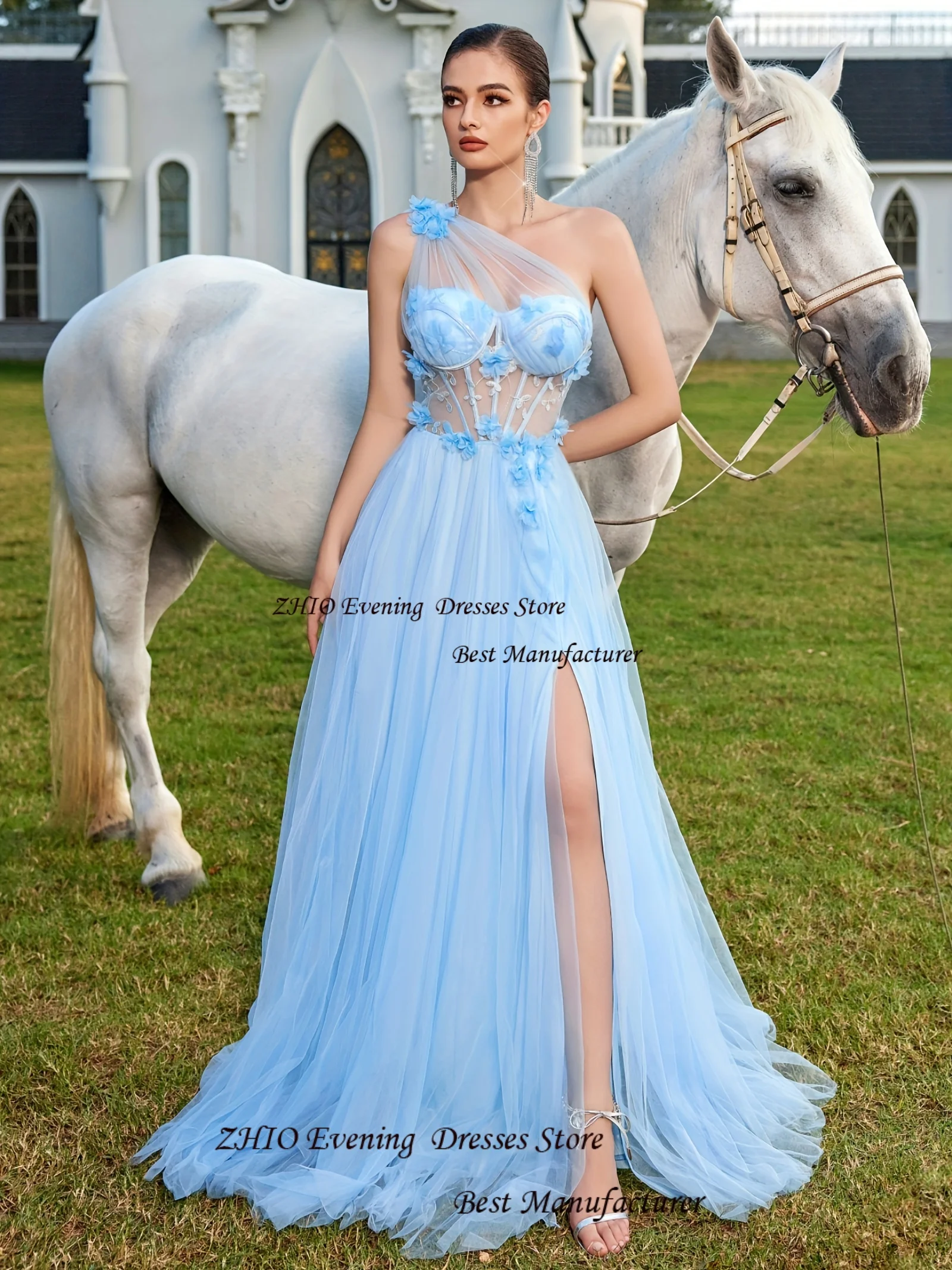 ZHIO セクシーなチュール モダンフラワー ストラップレス チュール 非対称フォーマルドレス ワンショルダー ハイスリット プロムドレス バックレス フロアレングス