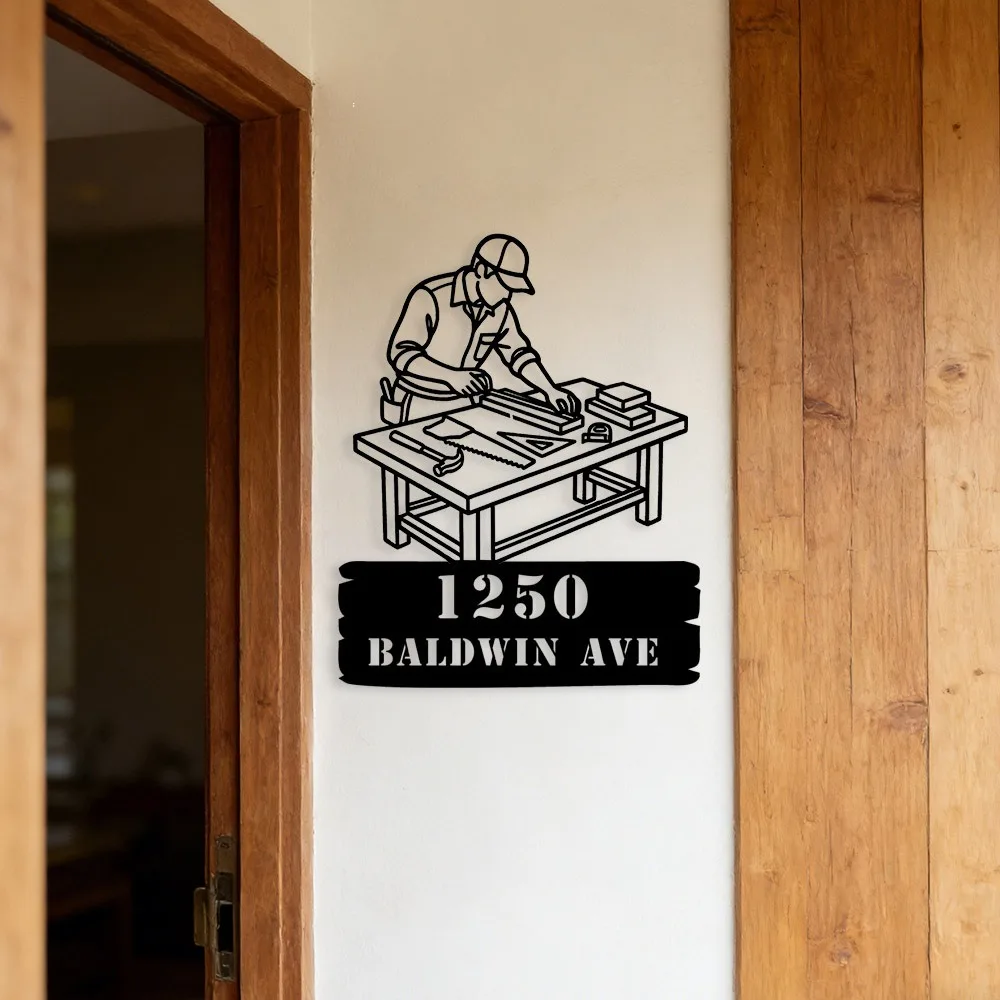 Waterproof Custom Carpenter Metal Number Plaque, Rustic Workshop Garage Wall Art Perfect Father’s Day Man Cave House Gift