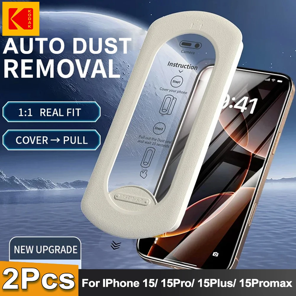 

KODAK 2Pcs Tempered Glass Screen Protector HD For iPhone 15 Pro Max Plus Promax Dust Remove kit Positioning Accessories