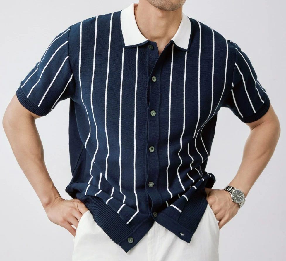 Casual Striped Polo Shirt Men's Summer Lapel Slim Top Thin Knitted Striped Short-sleeved T-shirt