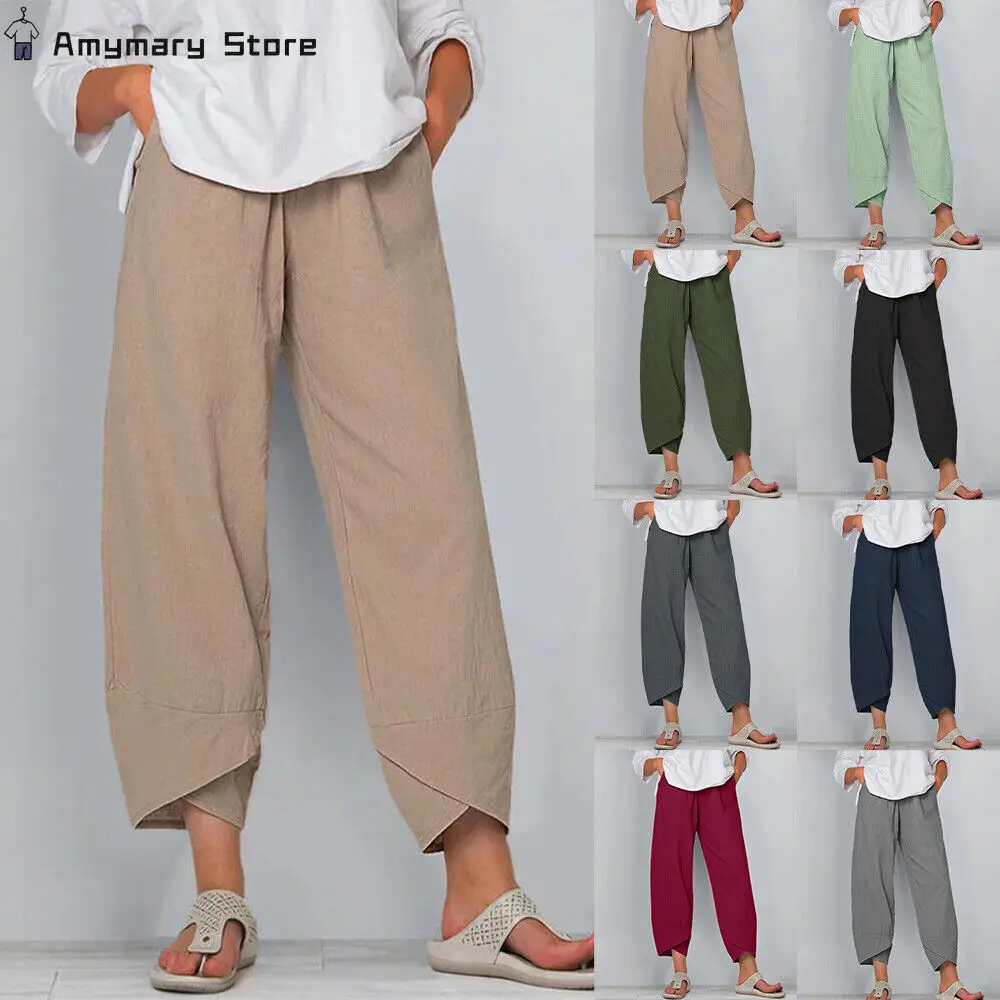 

Women's Summer Casual Pants Loose Pocket Elastic Waist Wide-leg Pants Retro Literary Solid Color Ninth Pants Daily Commuter Wear