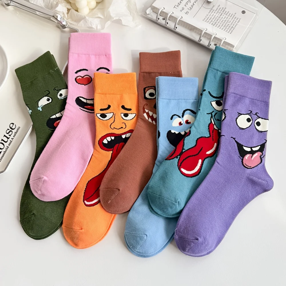 7 Pairs of Mixed-Color Autumn and Winter New Quirky Expression Socks for Women, Unisex Couple Mid-Calf Socks, Personalized Design Candy-Colored Skateboard Socks