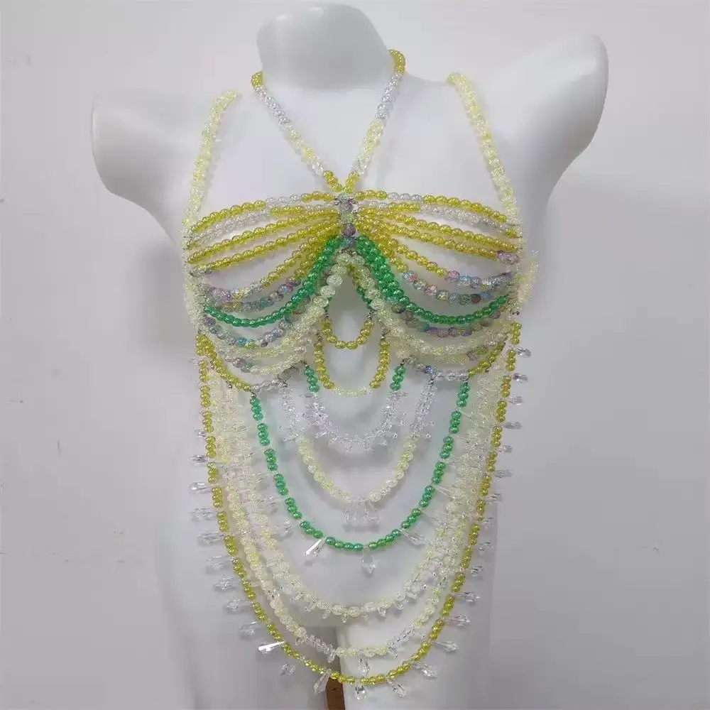 Women's Body Chain Beaded Camisole Vest Backless Top Body Jewelry Pearl Necklace Corset Fashion Bra Nightclub Rave Partywear