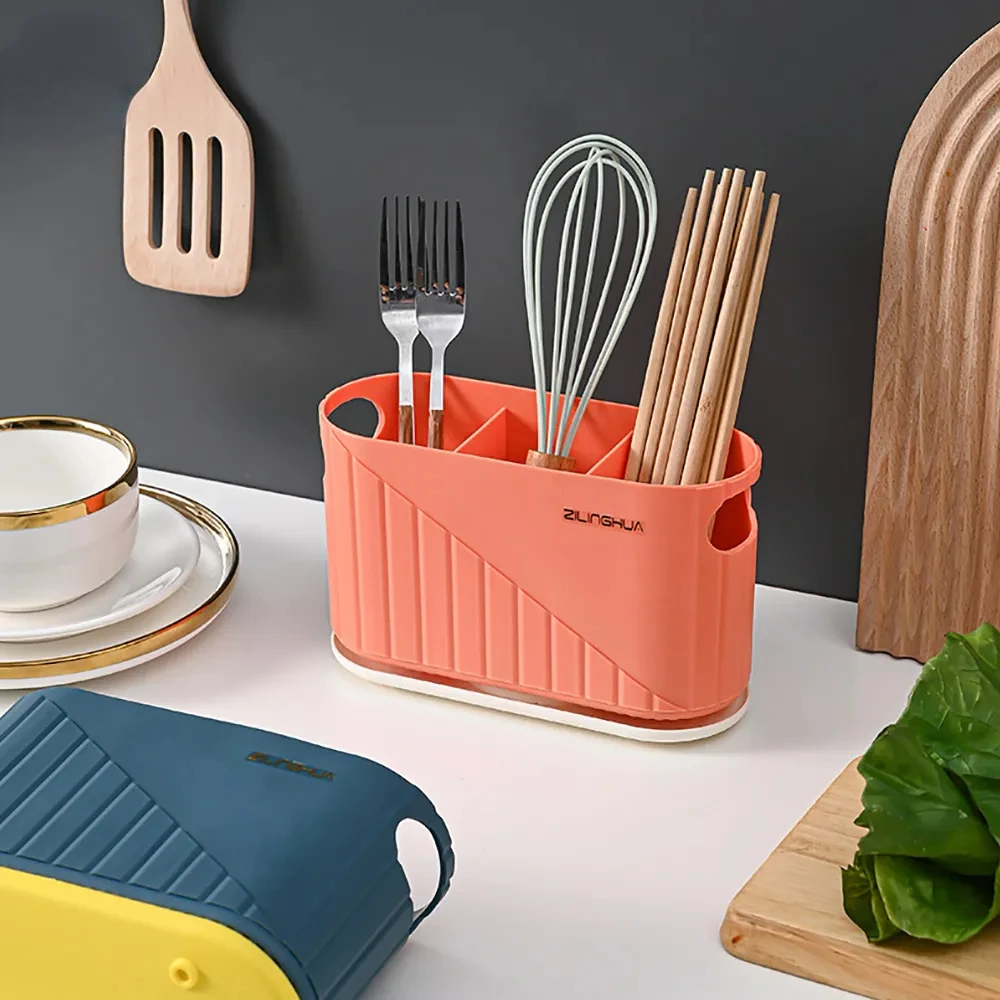 Kitchen Chopsticks Cage Drying Rack Multifunction Kitchen Knife Spoon Chopsticks Hollow Drainer Double Layer Cutlery Organizer