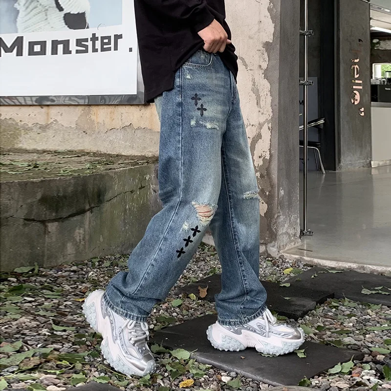 

2024 New Autumn Jeans Men's Fashion American Loose Hole Straight Ruffle Handsome Applique Denim Long Pants