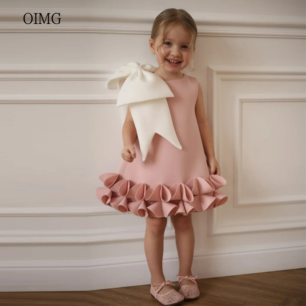 

OIMG Cute Nude Pink Ruffled Flower Girl Dresses Bow O Neck Wedding Gown Knee Length Birthday Dress vestidos de niñas Customized