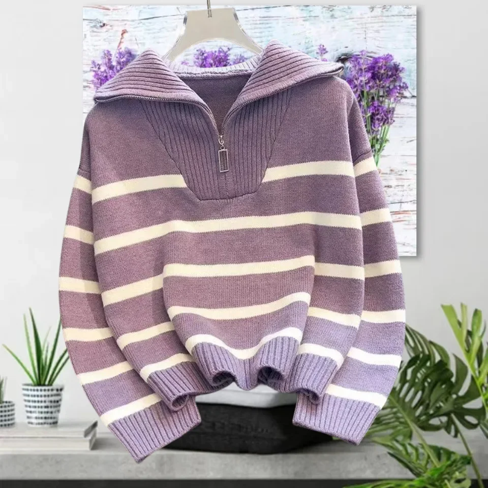 Zipper Striped Sweater Kintted Women Crochet Pullovers Streetwear Spring Autumn Winter Sweet Jumper Y2k Top Jumper Streetwear