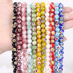 8mm Natural Colorful Glazed Lampwork Flower Patterns Round Spacer Loose Beads Crafts for DIY Jewelry Making Bracelet Necklace