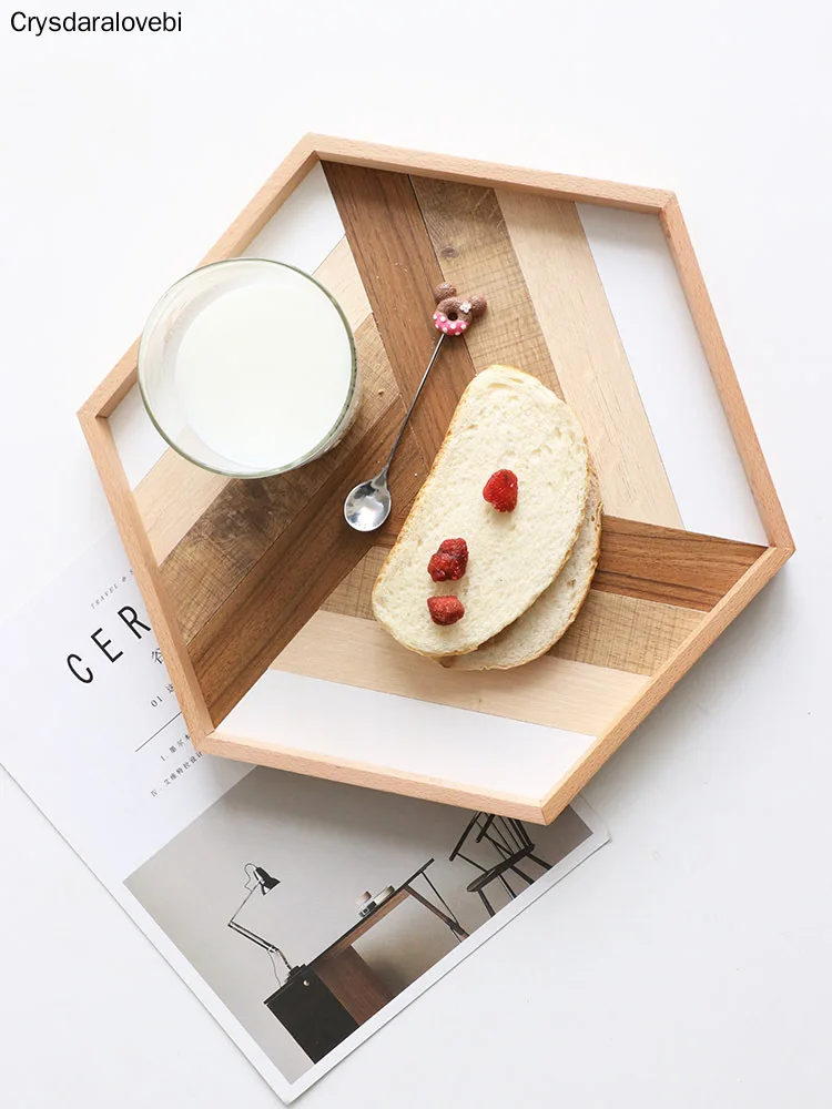 Wooden Tray Decoration Tray Hexagon Baking Tray Decoration Wood Tea Food Server Kitchen Utensils