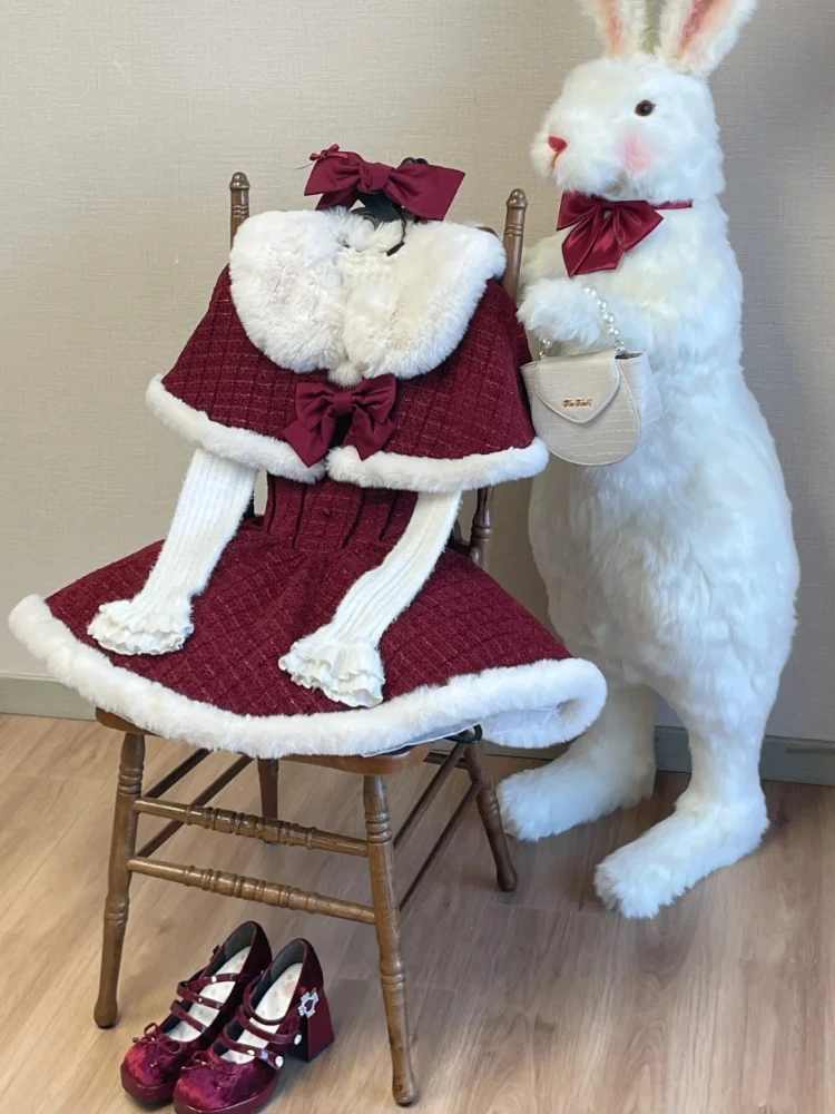 Winter Christmas New Year  Sweet Lolita Style Dress Sets Womens Bow Design Cloak + Elegant Warm Sweater +Chic Dress Korean Style