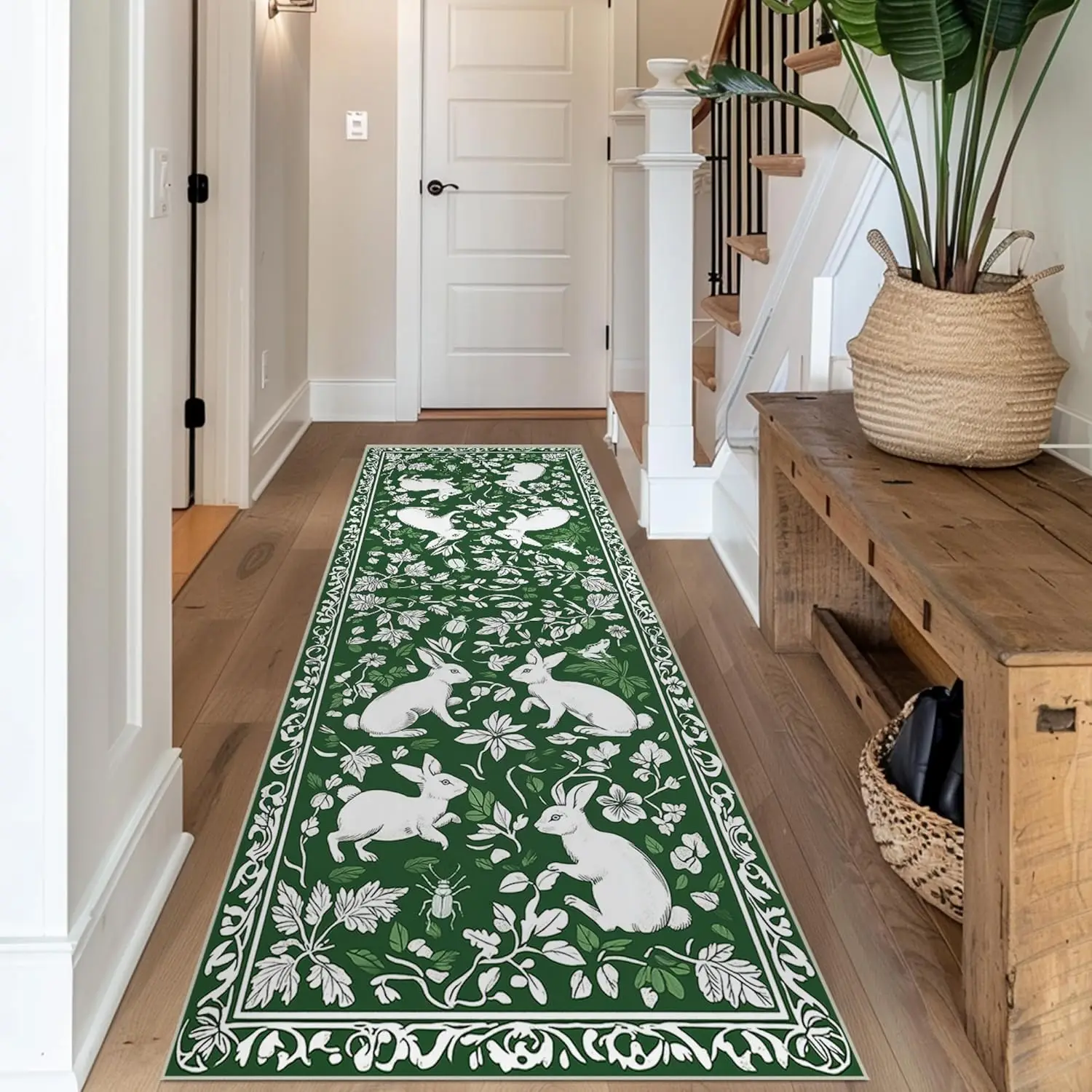 Green Forest Runner Rug for Hallway Kitchen,Nature Botanical Area Rugs, Machine Washable Jungle Animal Rug, Low Pile Soft Large