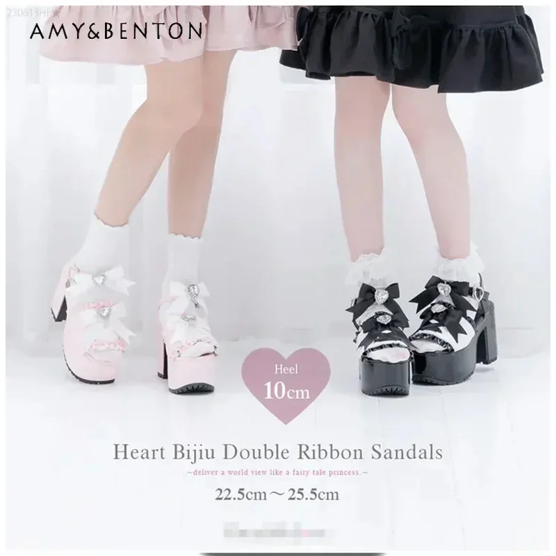 

25COSЯпонские корейские милые кожаные туфли на высоком каблуке со стразами и бантом в виде грибка, туфли на платформе Лолиты, темпераментные туфли принцессы на высоком каблуке W