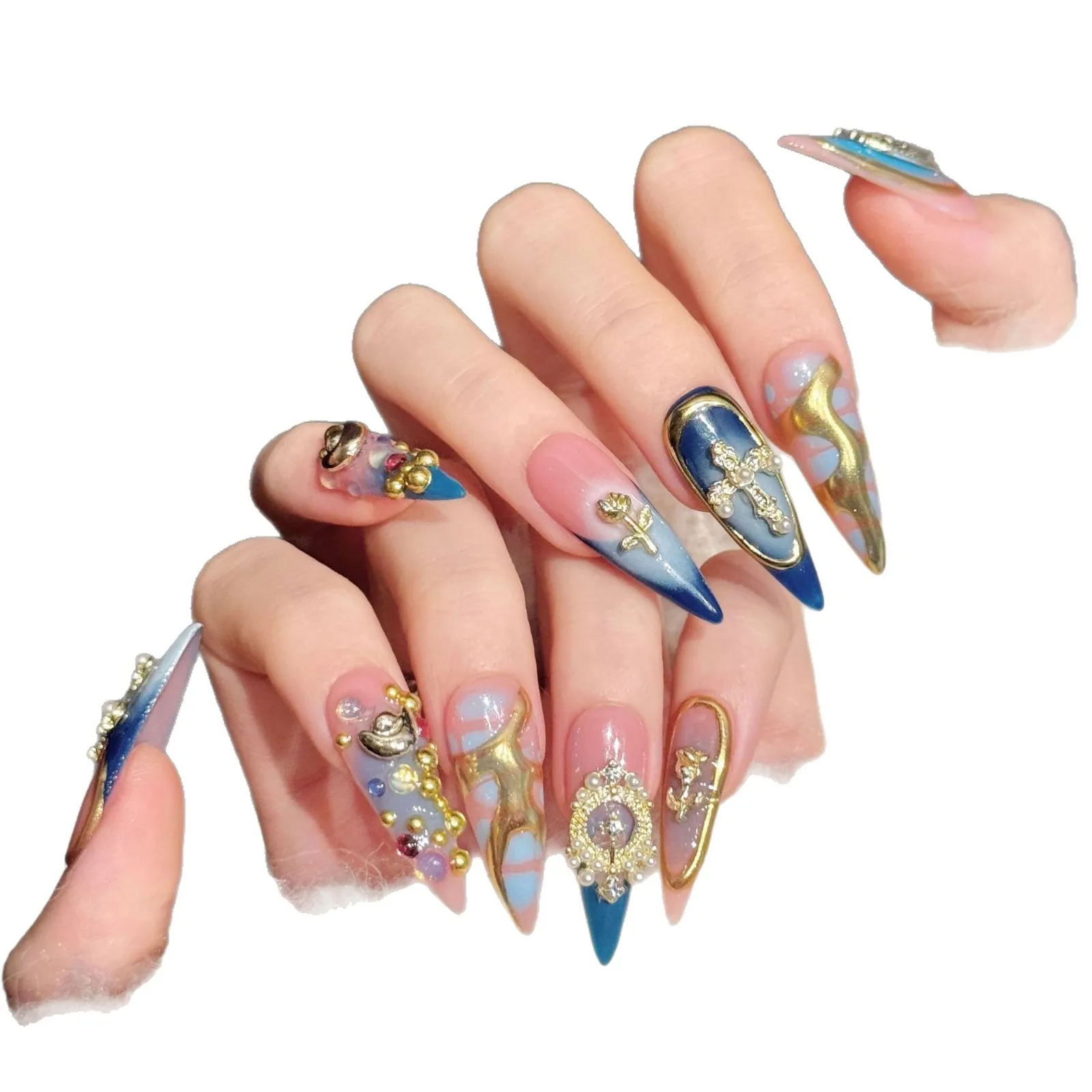 10 Stück handgemachte Nägel zum Aufdrücken, lang, Stiletto, Blau, Rosa, Gold, Glitzer, Vintage-Design, falsch, mit 4-teiligem Werkzeug, selbstklebende Nagelkleber-Tabs