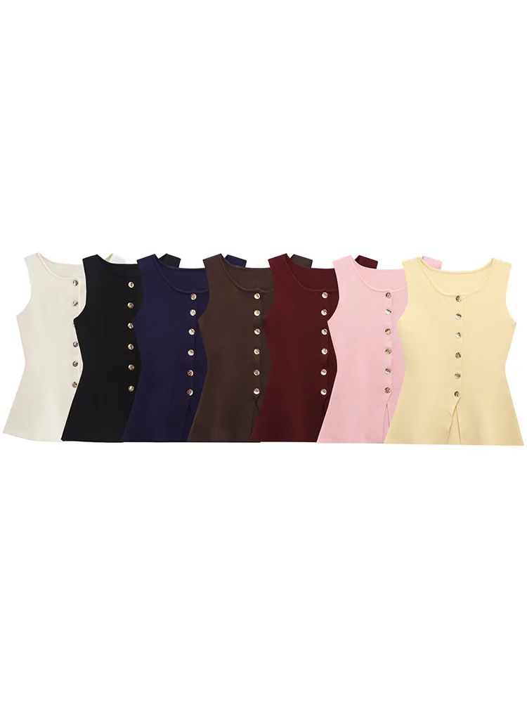 

TRAFZA 2025 Fashion Women Soild Knitted Sweater Vest Spring Female Casual Gold Button Sleeveless Slim Knit High Street Cardigan
