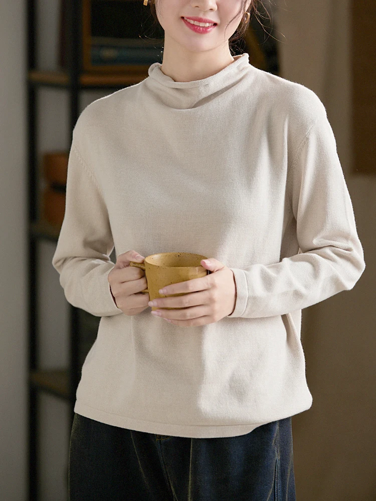 

Мягкий хлопковый вязаный свитер с высоким воротником для женщин, универсальный, простой, повседневный, уютный.